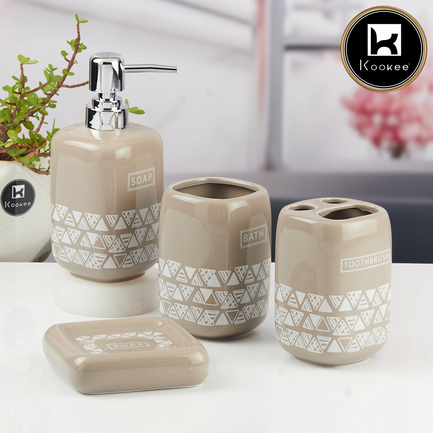 Kookee Ceramic Bathroom Accessories Set of 4, Modern Bath Set with Liquid handwash Soap Dispenser and Toothbrush holder, Luxury Gift Accessory for Home