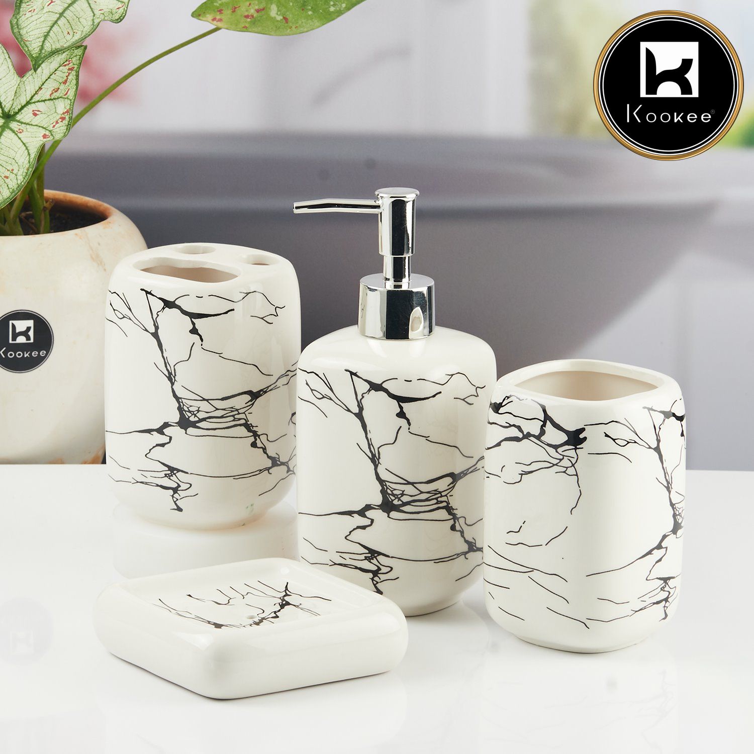 Ceramic Bathroom Accessories Set of 4 with Soap Dispenser (11129)