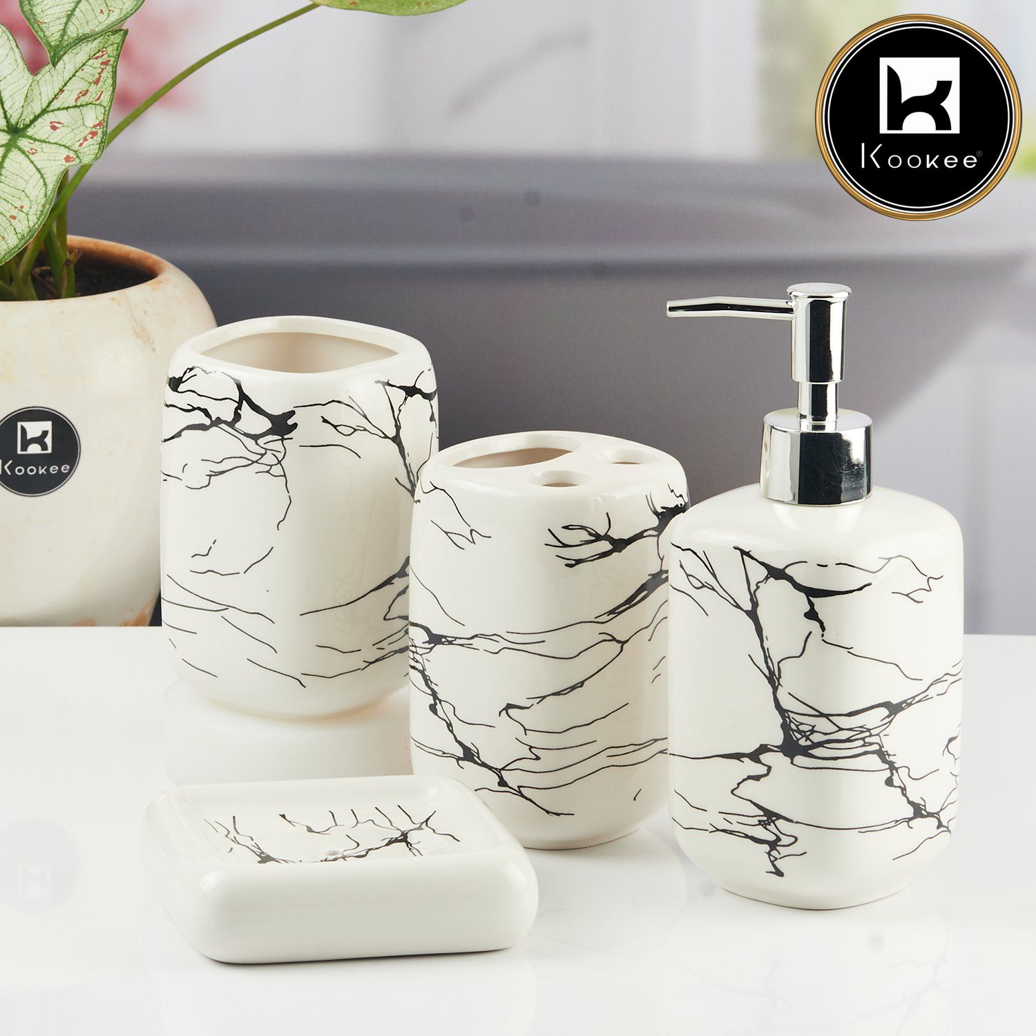 Ceramic Bathroom Accessories Set of 4 with Soap Dispenser (11129)