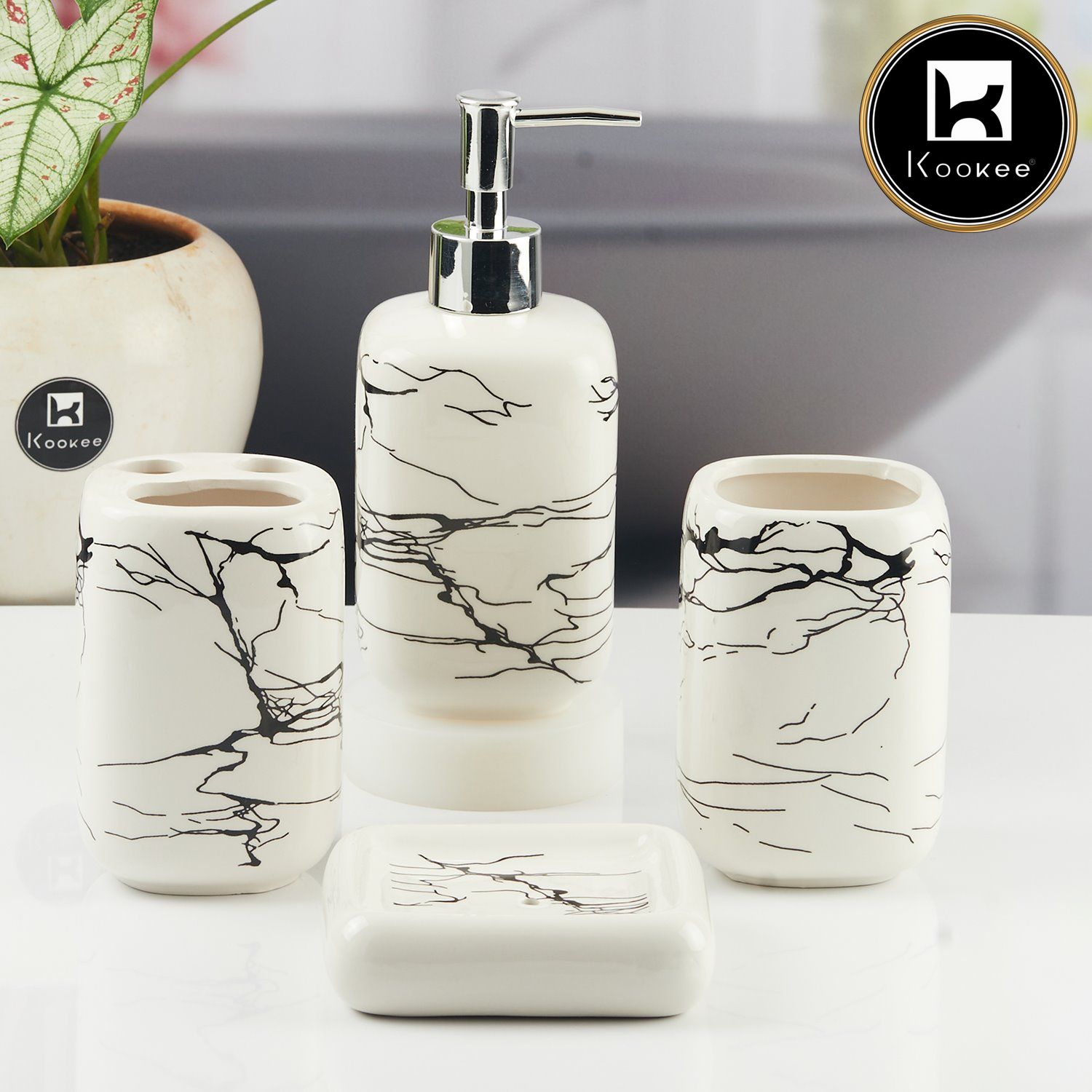 Ceramic Bathroom Accessories Set of 4 with Soap Dispenser (11129)