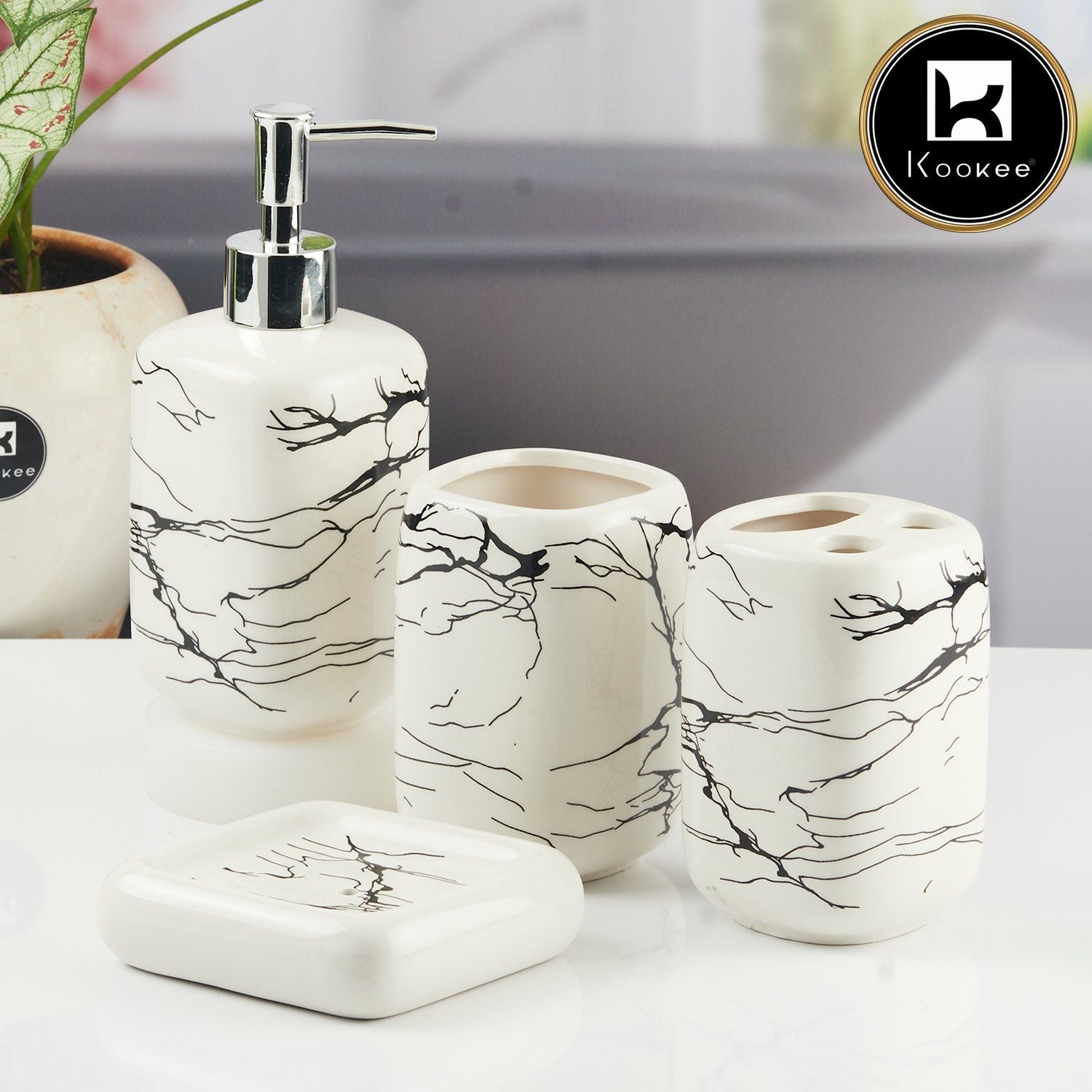 Kookee Ceramic Bathroom Accessories Set of 4, Modern Bath Set with Liquid handwash Soap Dispenser and Toothbrush holder, Luxury Gift Accessory for Home