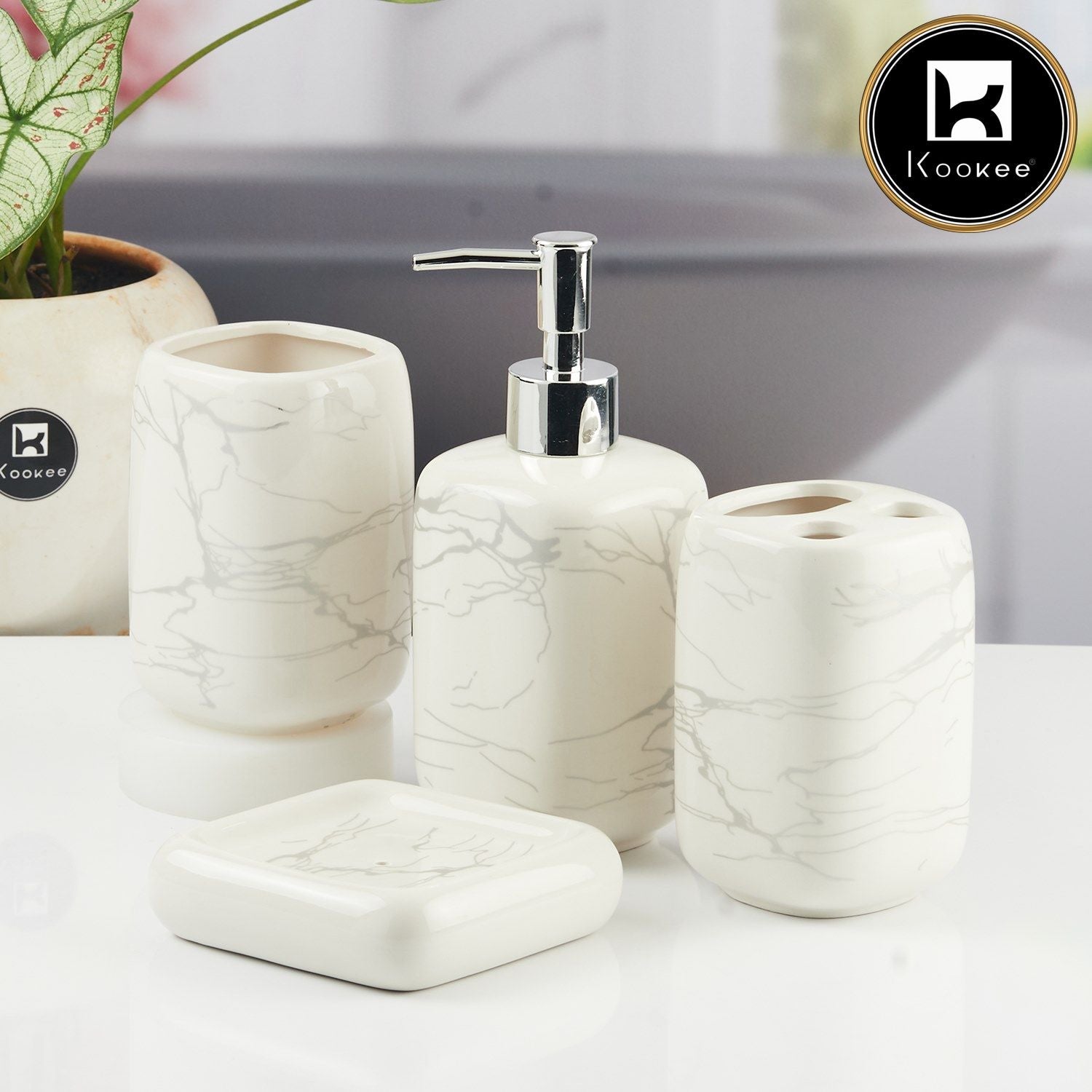 Ceramic Bathroom Accessories Set of 4 with Soap Dispenser (11130)