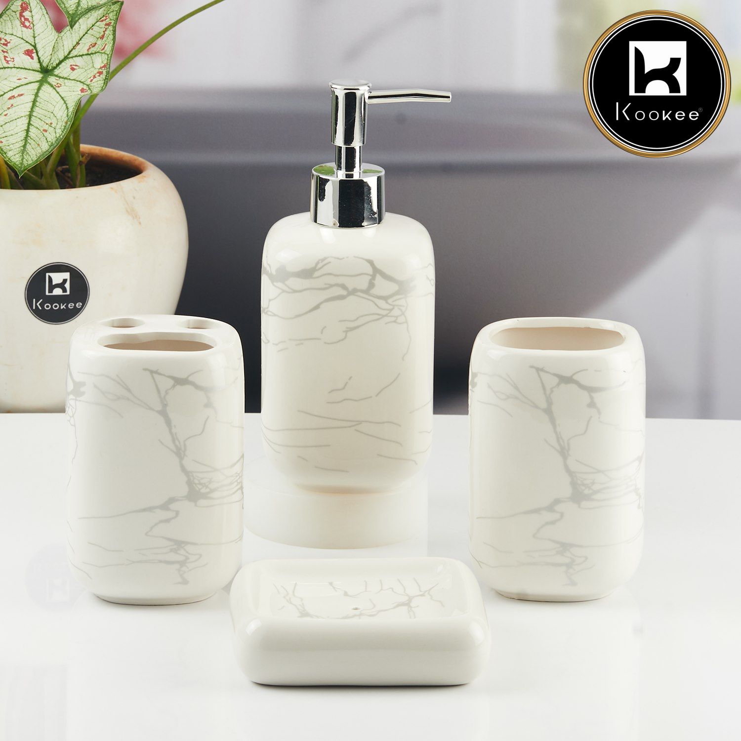 Ceramic Bathroom Accessories Set of 4 with Soap Dispenser (11130)