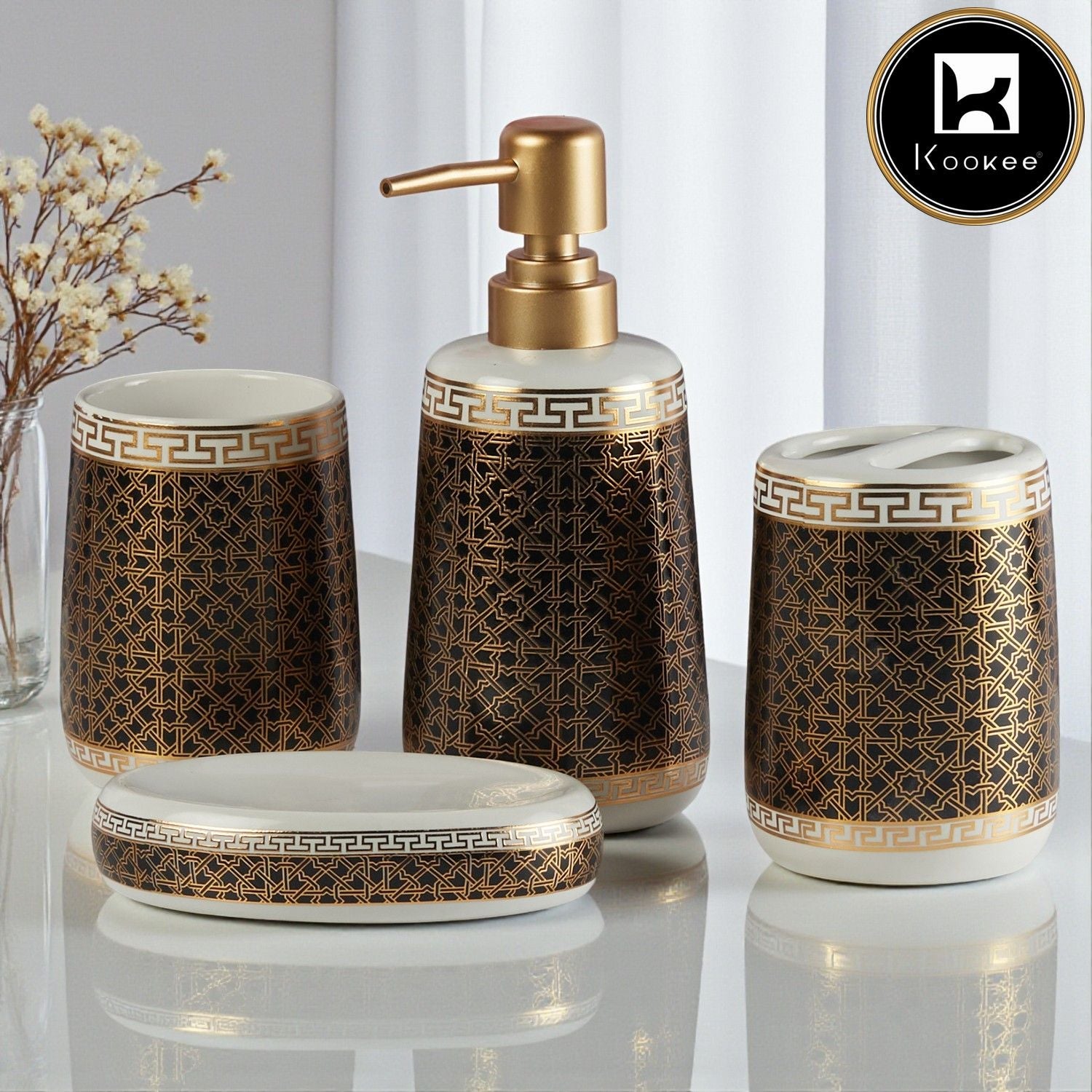 Ceramic Bathroom Accessories Set of 4 with Soap Dispenser (11131)