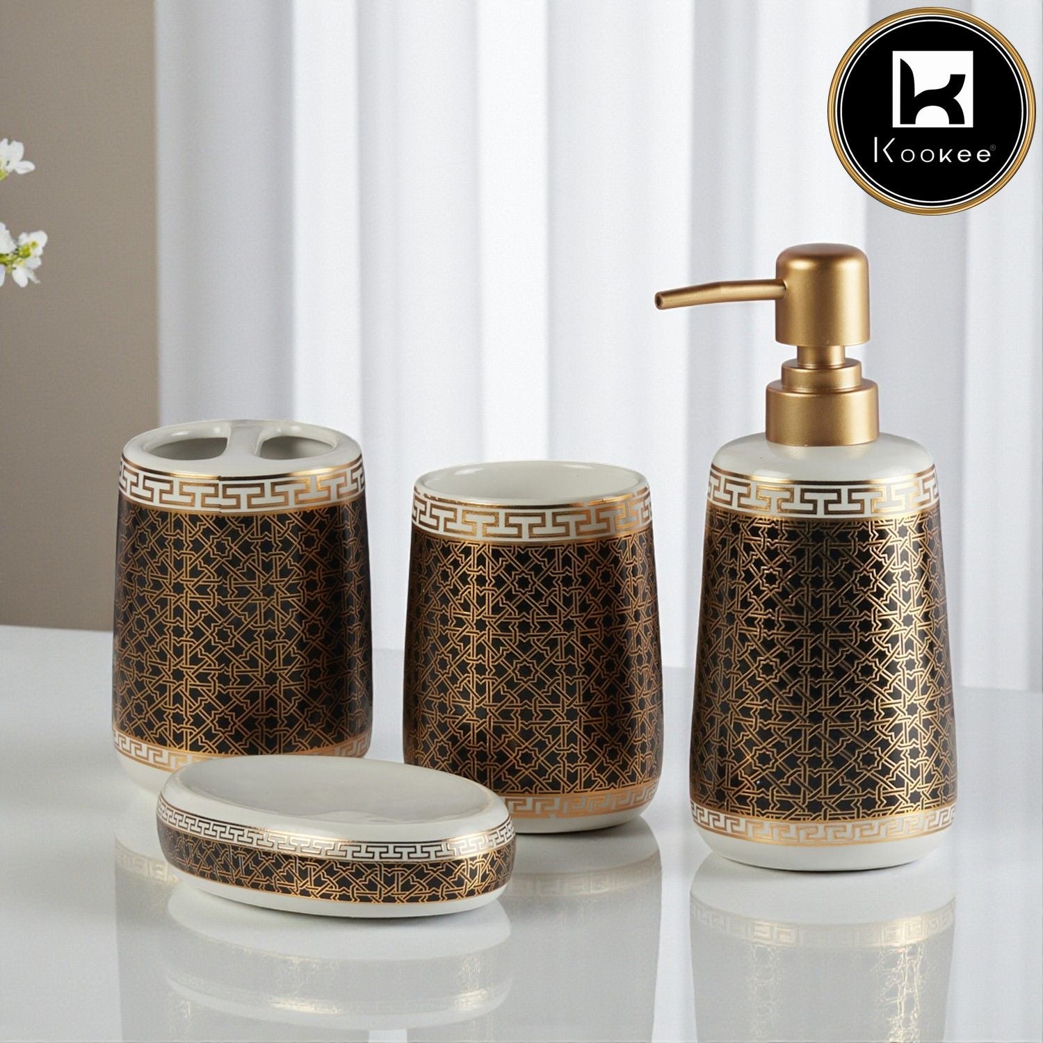 Ceramic Bathroom Accessories Set of 4 with Soap Dispenser (11131)