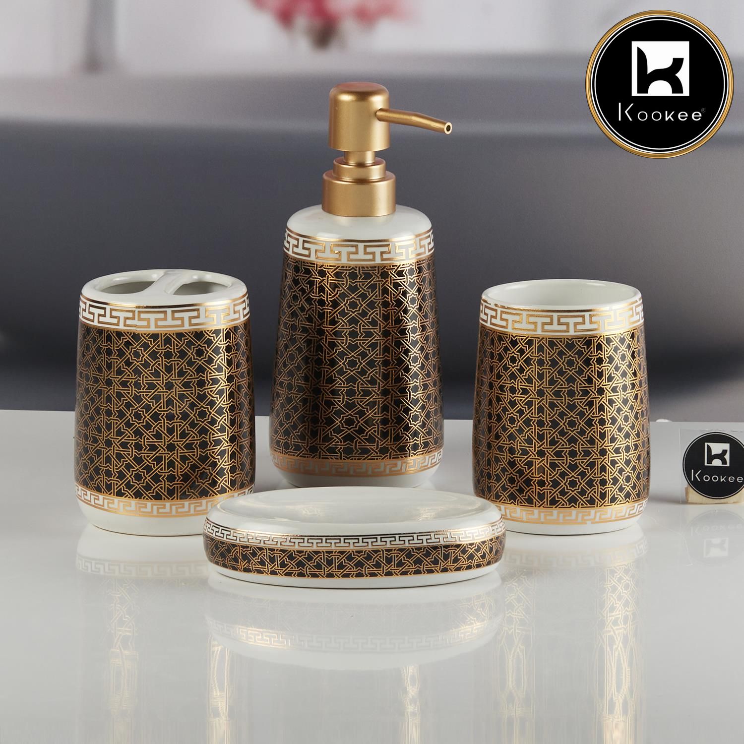 Ceramic Bathroom Accessories Set of 4 with Soap Dispenser (11131)