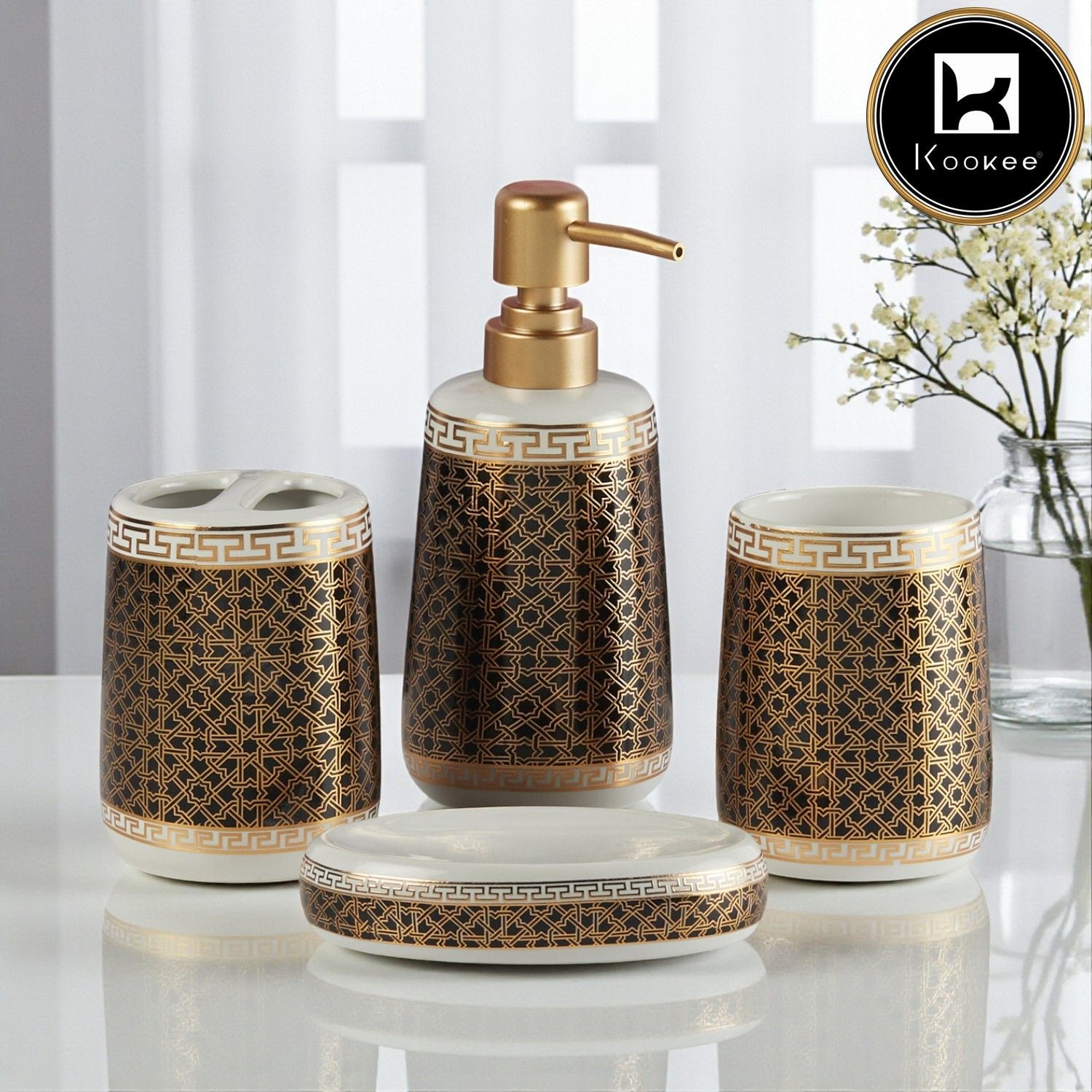 Ceramic Bathroom Accessories Set of 4 with Soap Dispenser (11131)