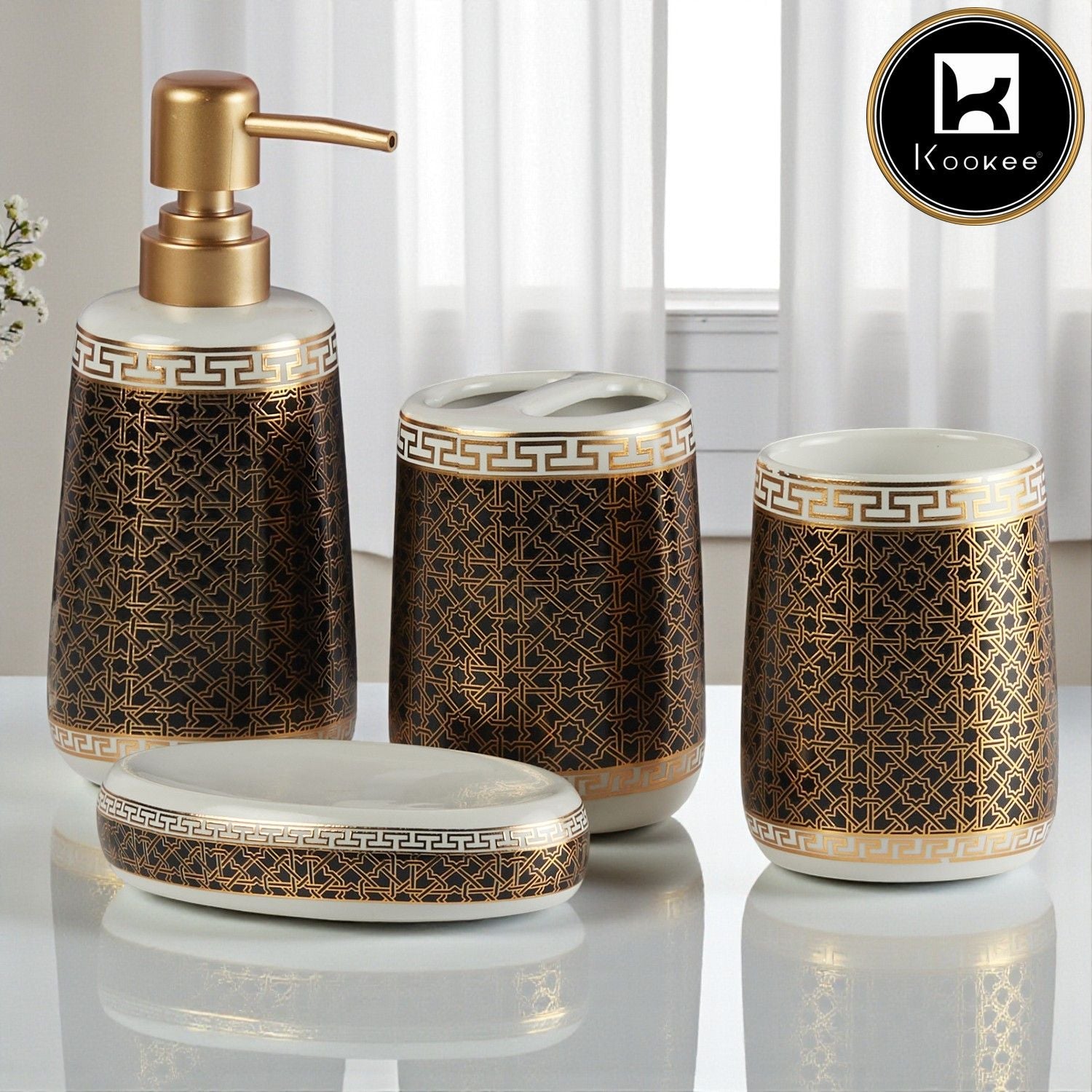 Kookee Ceramic Bathroom Accessories Set of 4 with Soap Dispenser (11131)
