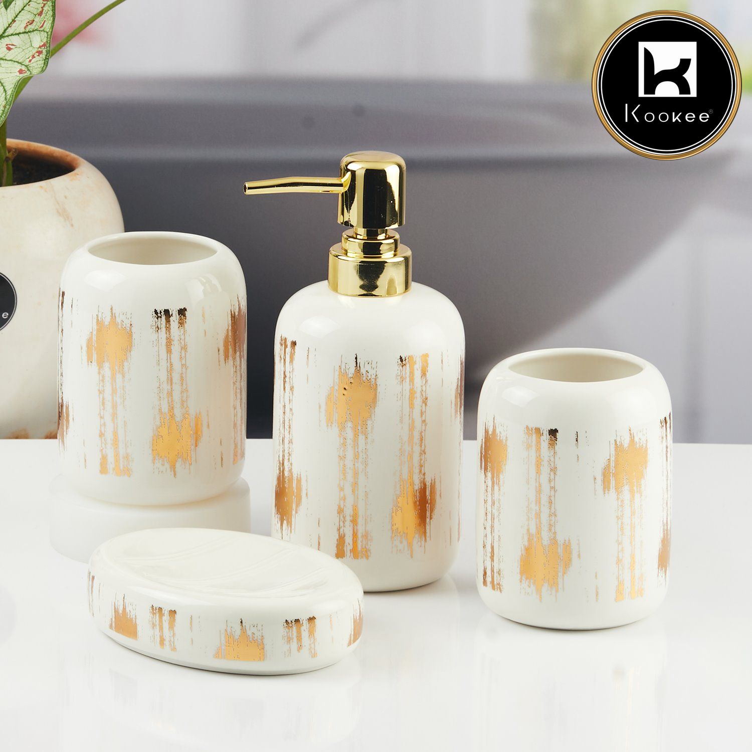 Ceramic Bathroom Accessories Set of 4 with Soap Dispenser (11133)