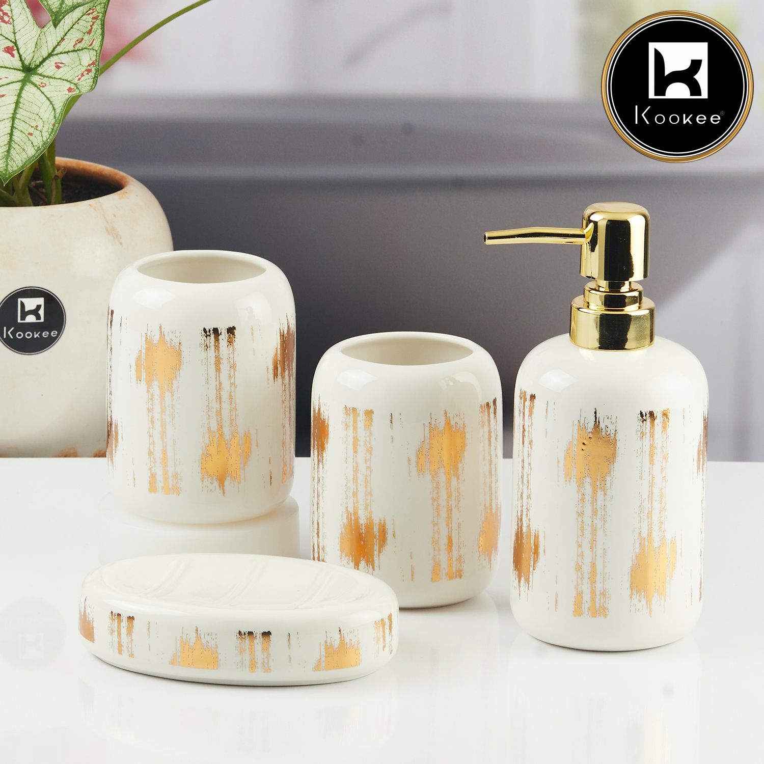 Ceramic Bathroom Accessories Set of 4 with Soap Dispenser (11133)