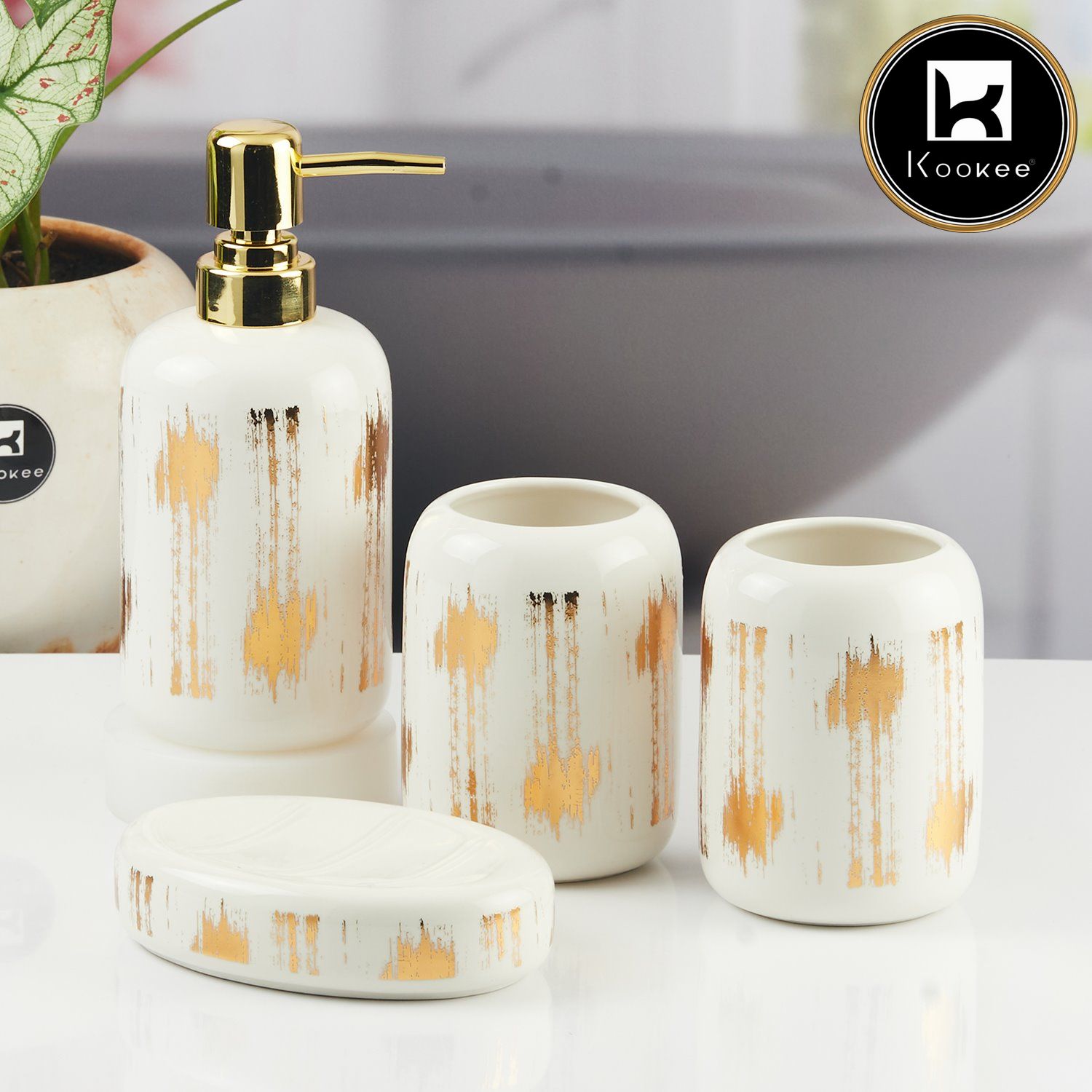 Ceramic Bathroom Accessories Set of 4 with Soap Dispenser (11133)