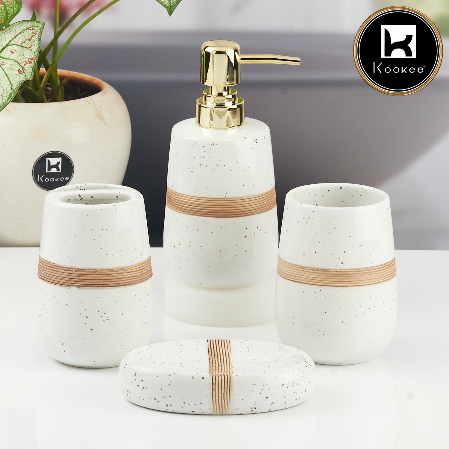 Ceramic Bathroom Accessories Set of 4 with Soap Dispenser (11135)