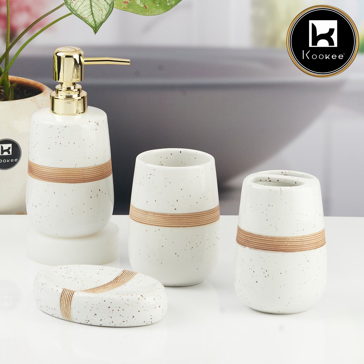 Kookee Ceramic Bathroom Accessories Set of 4, Modern Bath Set with Liquid handwash Soap Dispenser and Toothbrush holder, Luxury Gift Accessory for Home