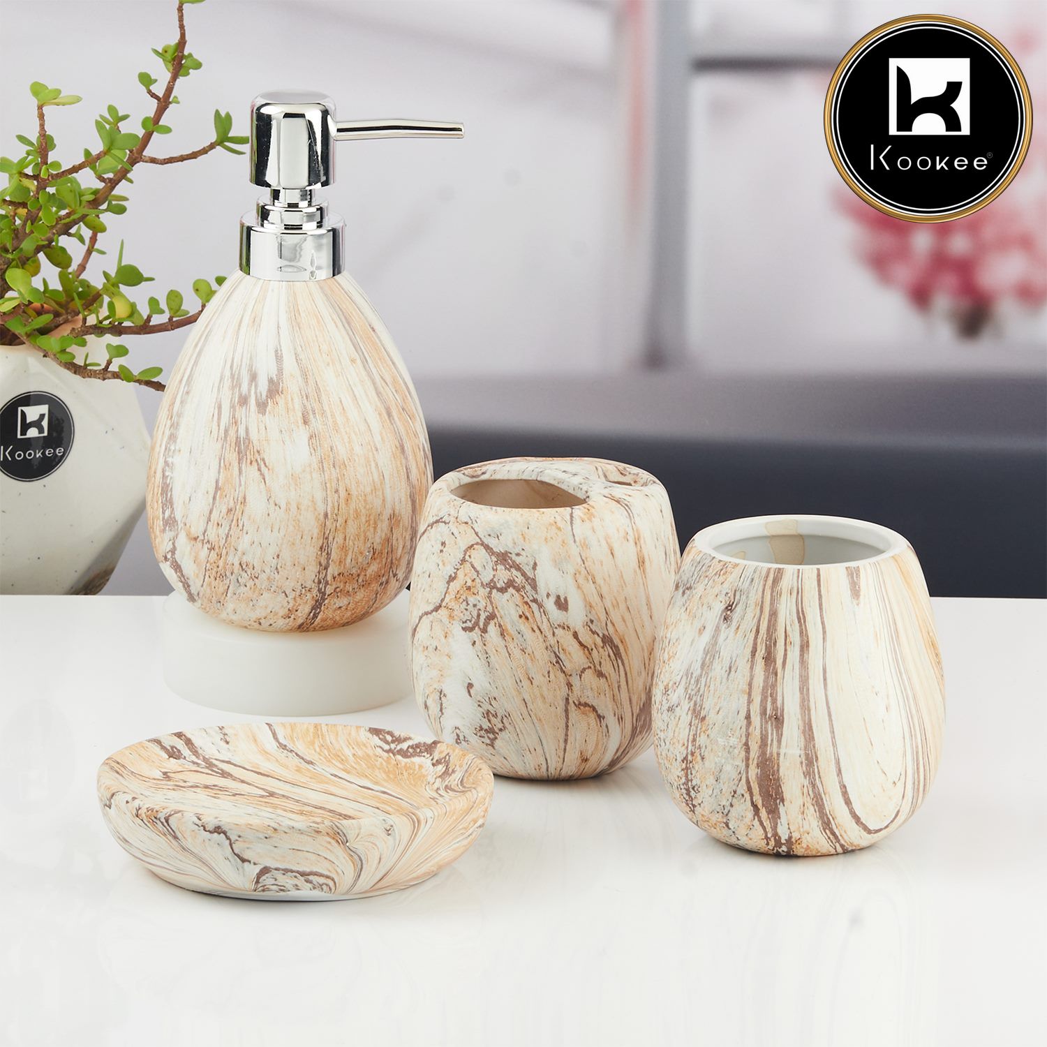 Ceramic Bathroom Accessories Set of 4 with Soap Dispenser (11137)