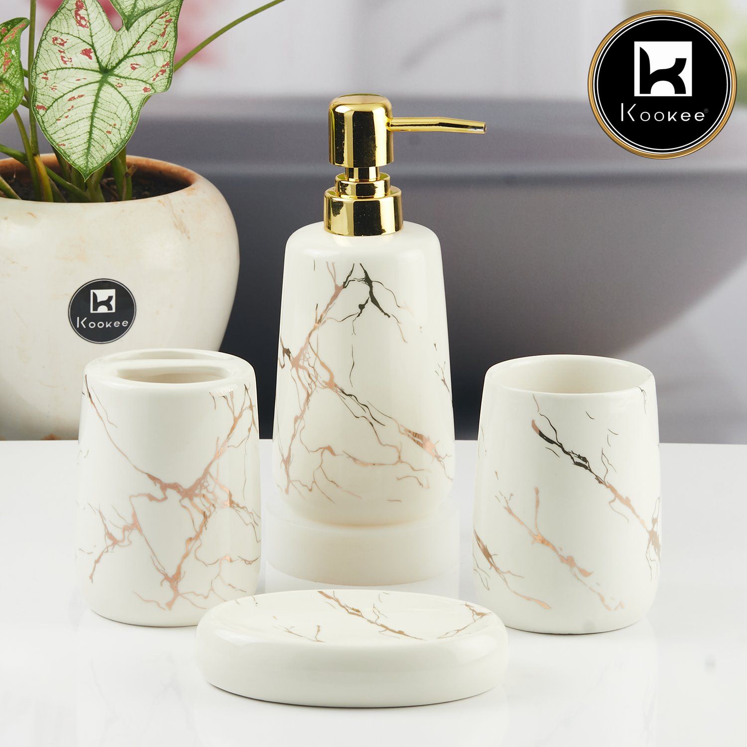 Ceramic Bathroom Accessories Set of 4 with Soap Dispenser (11138)