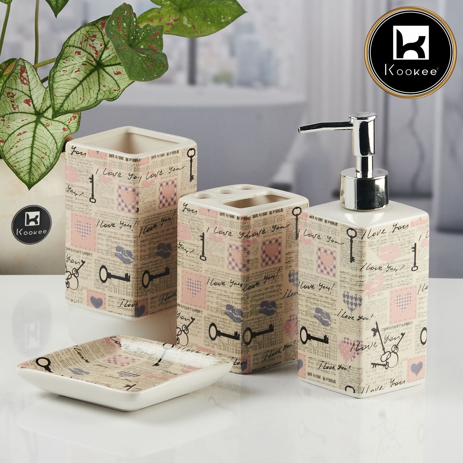 Ceramic Bathroom Accessories Set of 4 with Soap Dispenser (11140)