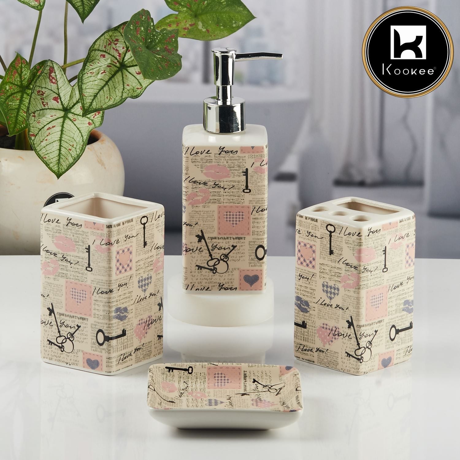 Ceramic Bathroom Accessories Set of 4 with Soap Dispenser (11140)