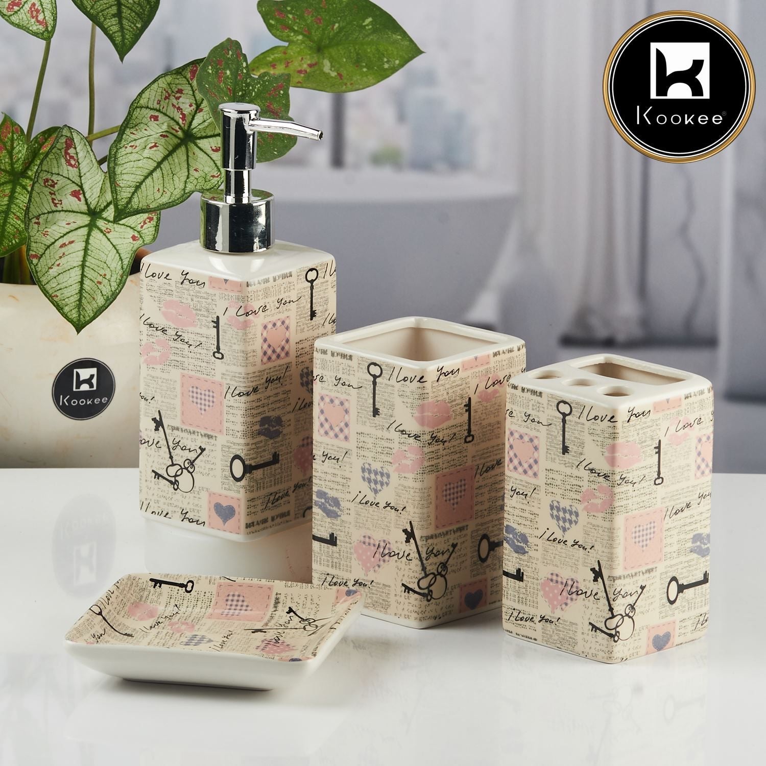 Ceramic Bathroom Accessories Set of 4 with Soap Dispenser (11140)