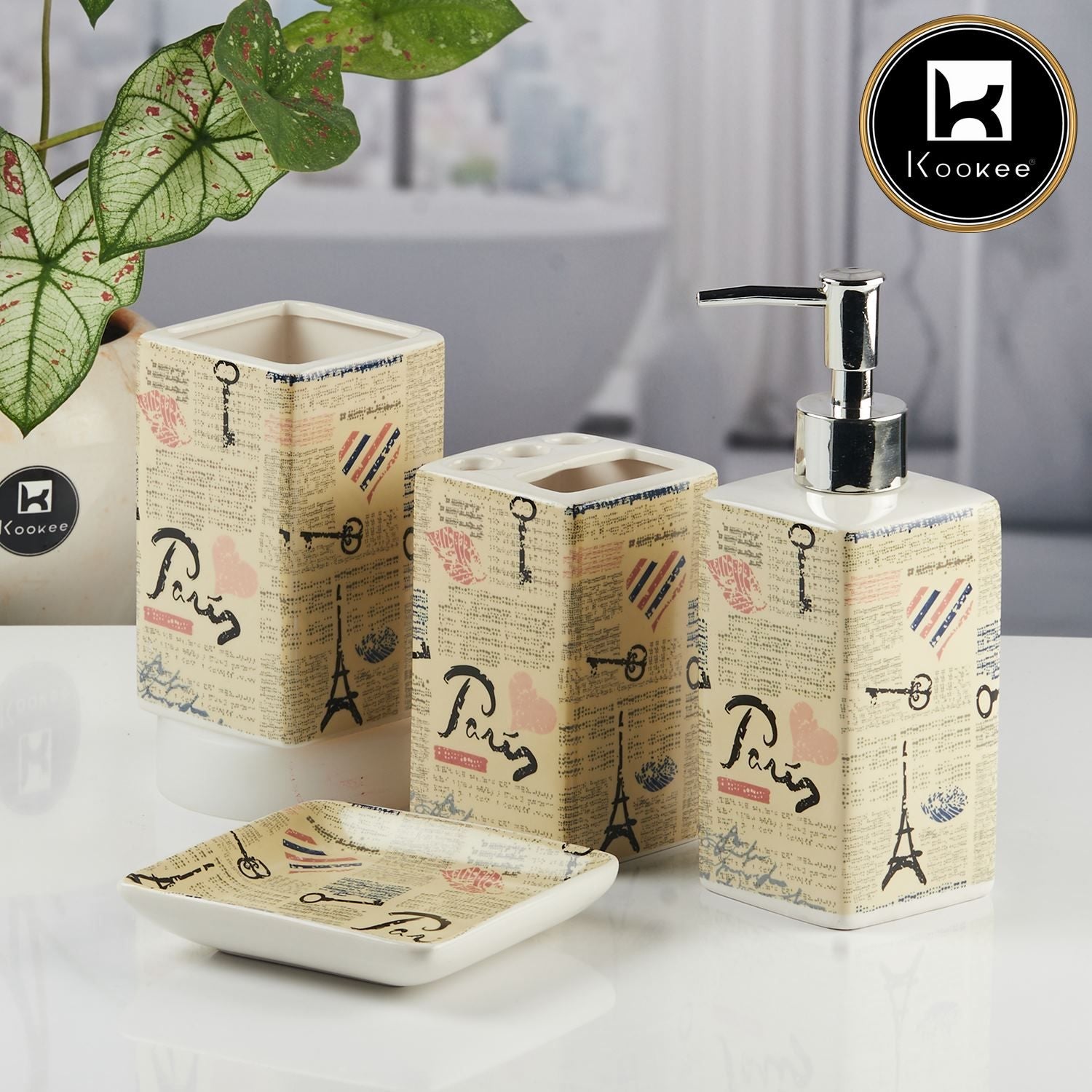 Ceramic Bathroom Accessories Set of 4 with Soap Dispenser (11141)