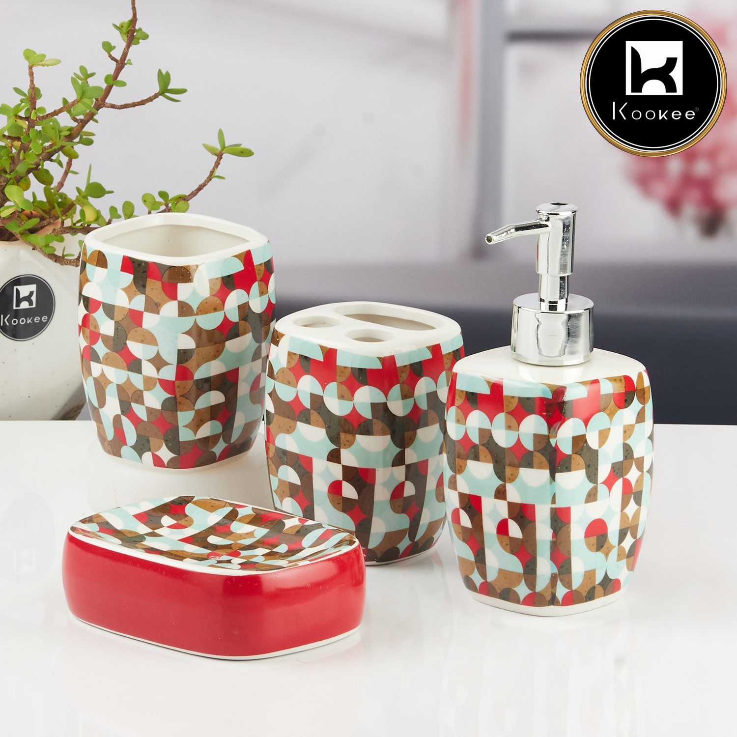 Ceramic Bathroom Accessories Set of 4 with Soap Dispenser (11142)