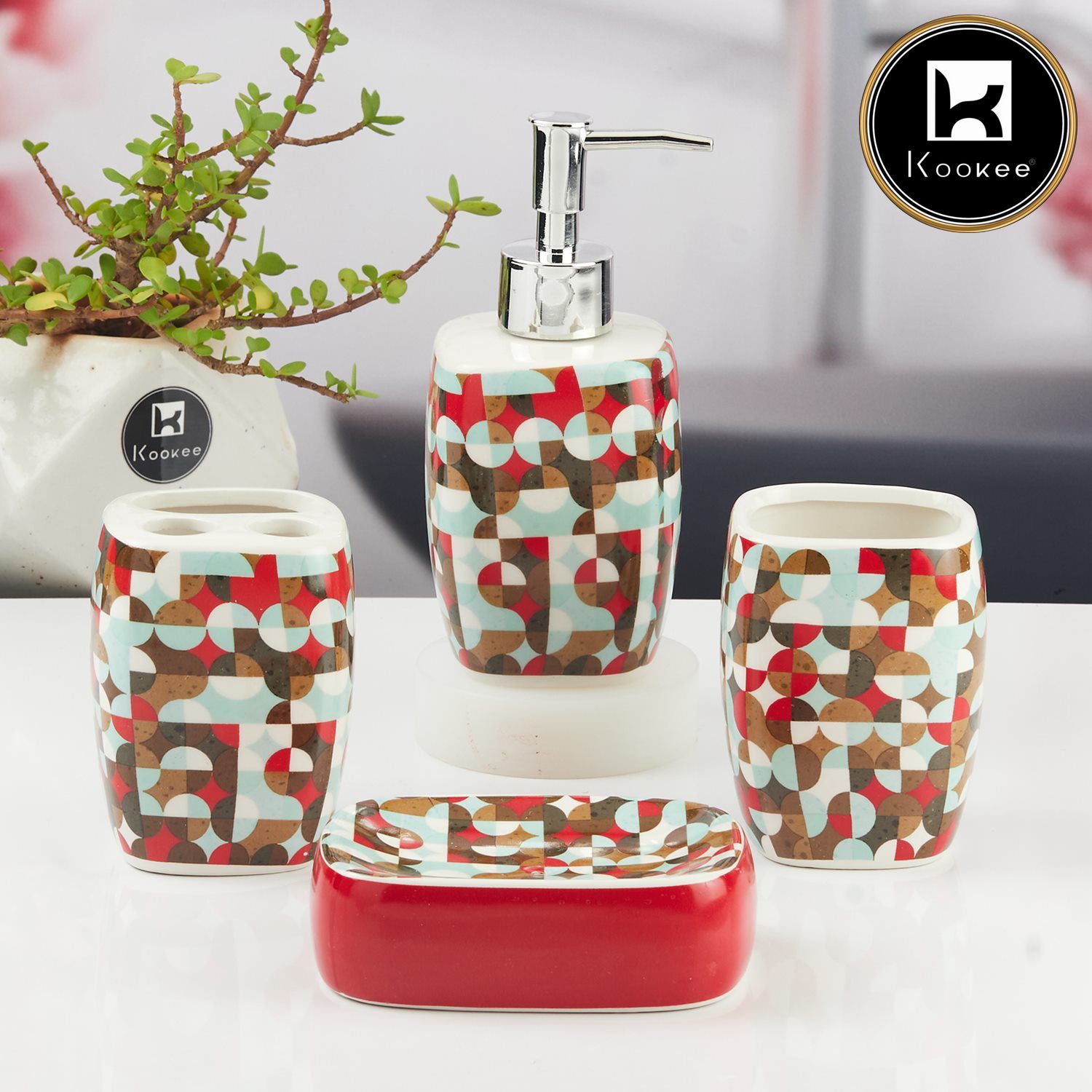 Ceramic Bathroom Accessories Set of 4 with Soap Dispenser (11142)