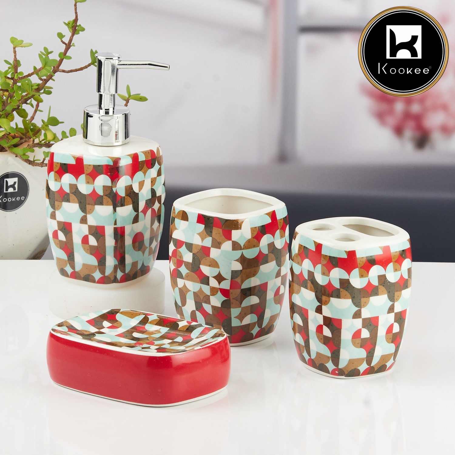 Ceramic Bathroom Accessories Set of 4 with Soap Dispenser (11142)