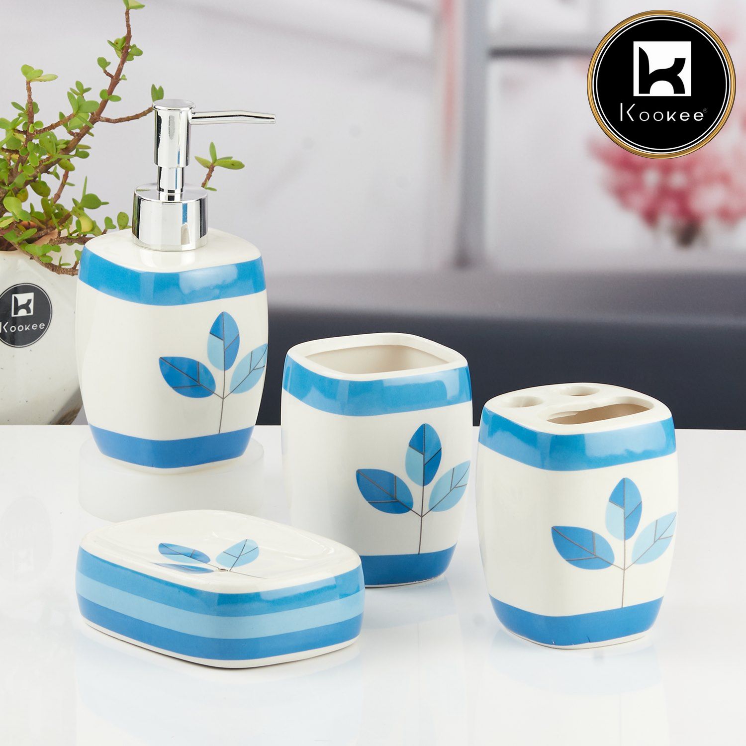 Ceramic Bathroom Accessories Set of 4 with Soap Dispenser (11143)