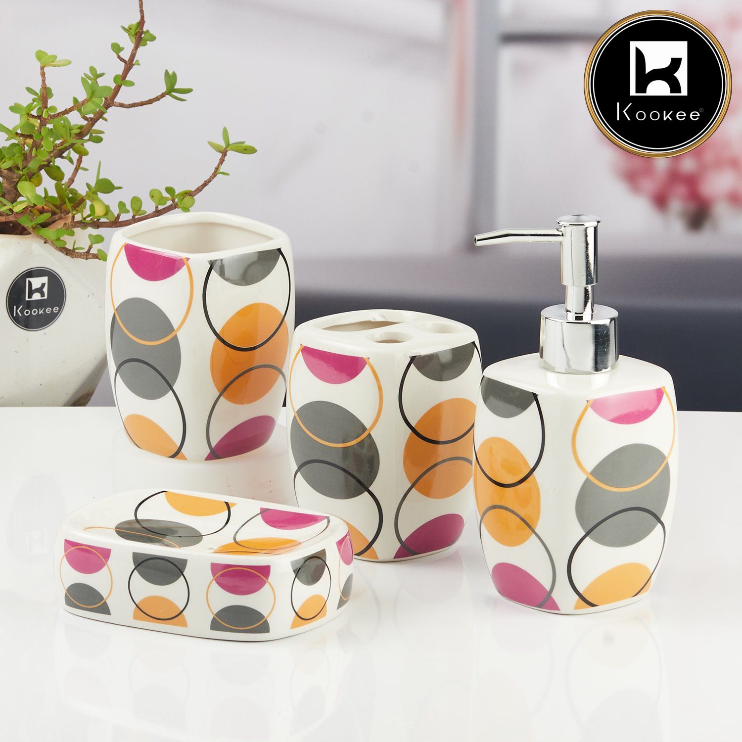 Ceramic Bathroom Accessories Set of 4 with Soap Dispenser (11144)