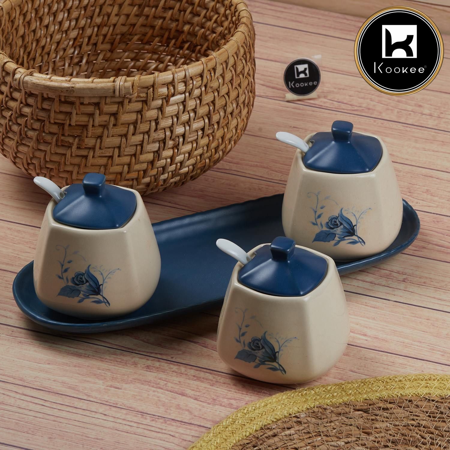 Ceramic Condiment Jars and Containers Set of 3, Blue (11148)