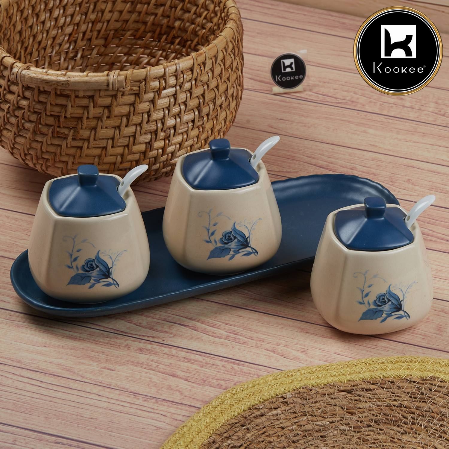 Ceramic Condiment Jars and Containers Set of 3, Blue (11148)