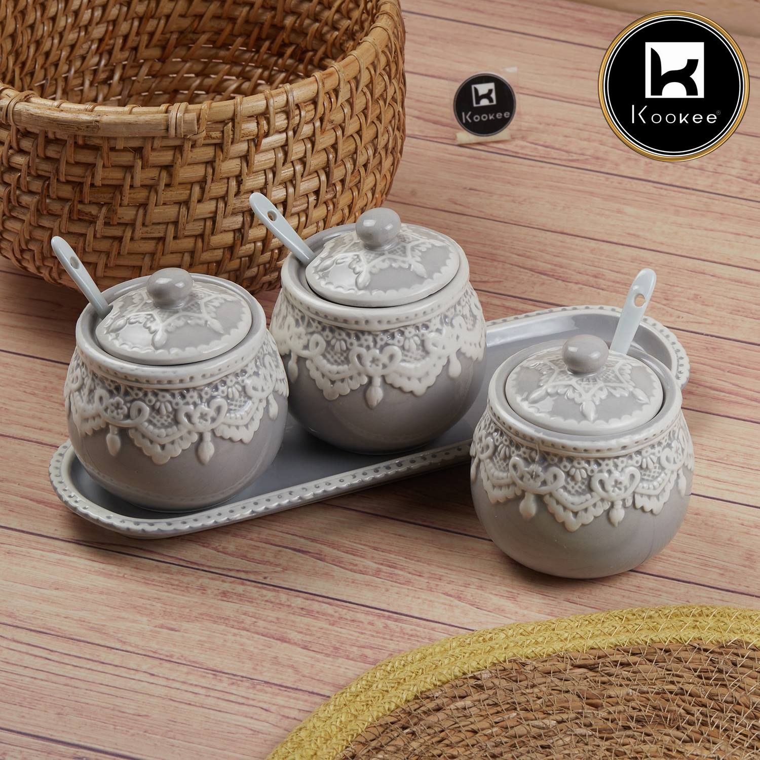 Ceramic Condiment Jars and Containers Set of 3, Grey (11149)