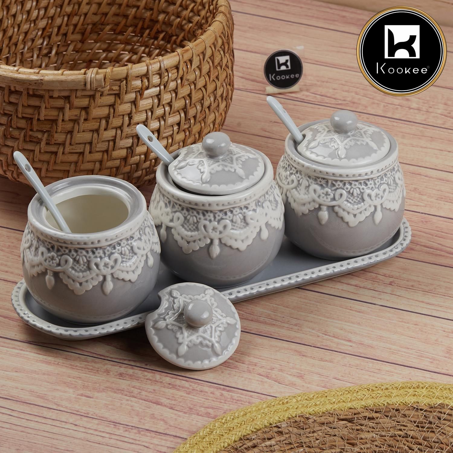 Ceramic Condiment Jars and Containers Set of 3, Grey (11149)