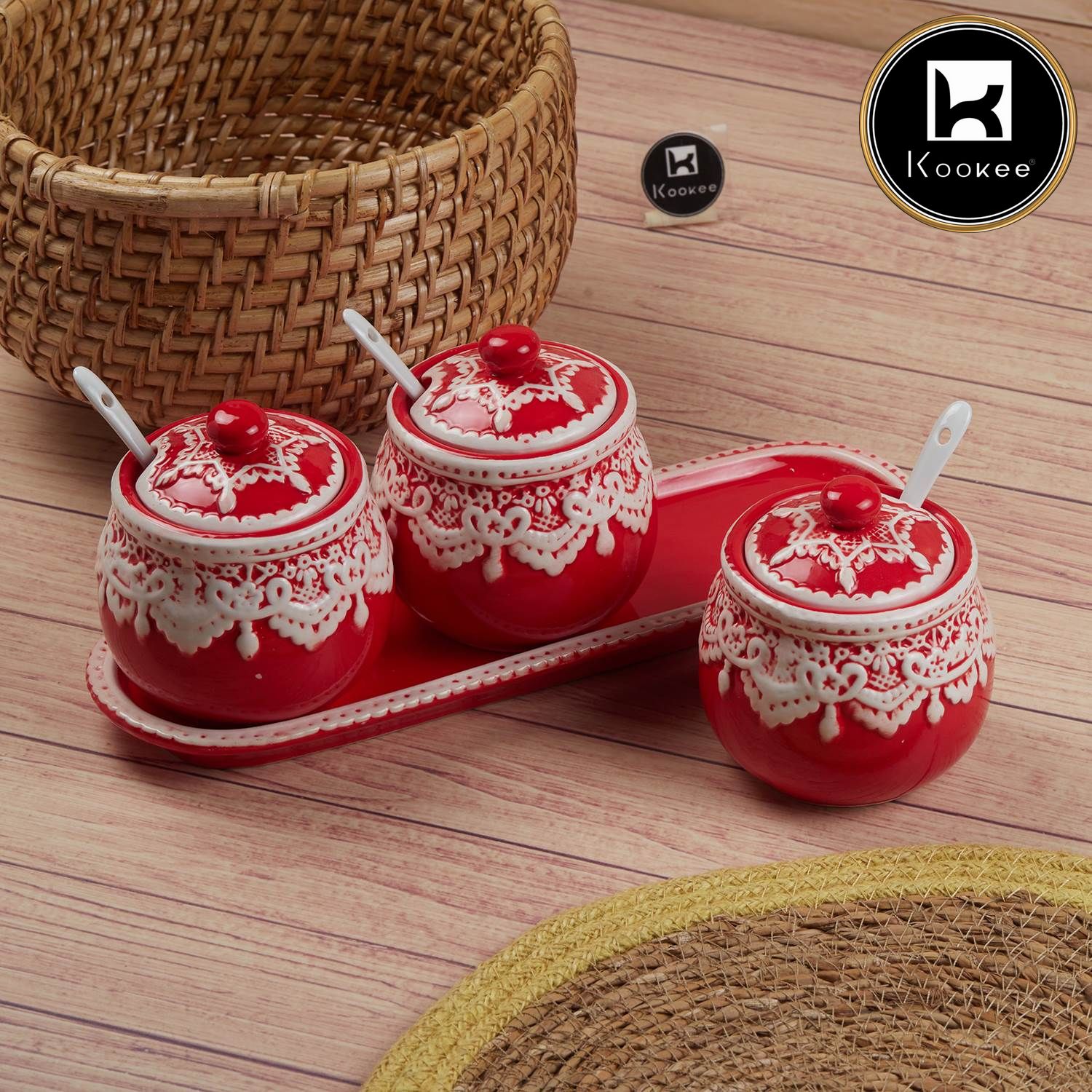 Ceramic Condiment Jars and Containers Set of 3, Red (11150)