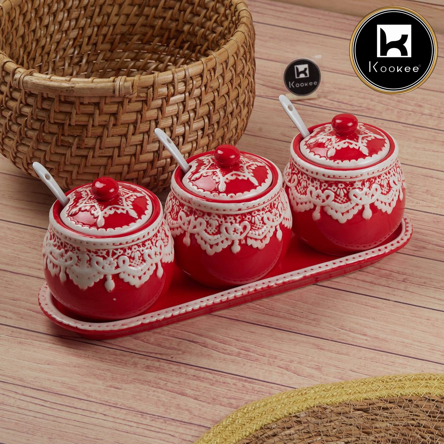 Kookee Ceramic Condiment Jars and Containers Set of 3, Red (11150)