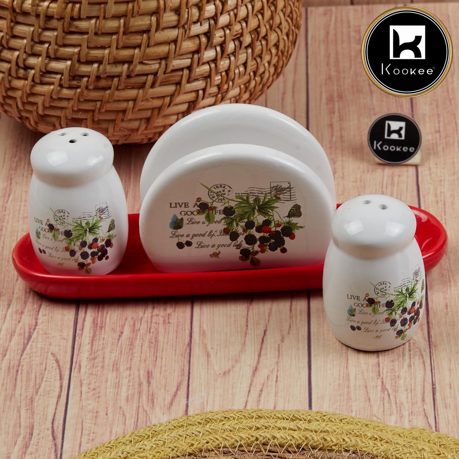 Ceramic Salt Pepper Container Set with Tissue Holder & tray (Pack of 1) (11154)