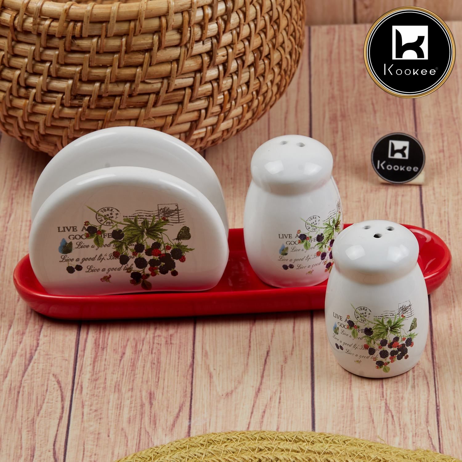 Ceramic Salt Pepper Container Set with Tissue Holder & tray (Pack of 1) (11154)