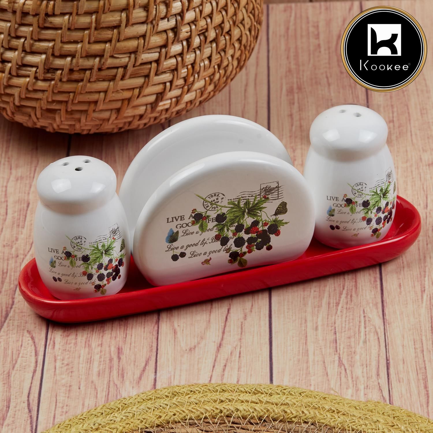 Kookee Ceramic Salt and Pepper Shakers Set with tray for Dining Table used as Namak Dhani, Shaker, Sprinkler, Spices Dispenser for Home, Kitchen and Restaurant