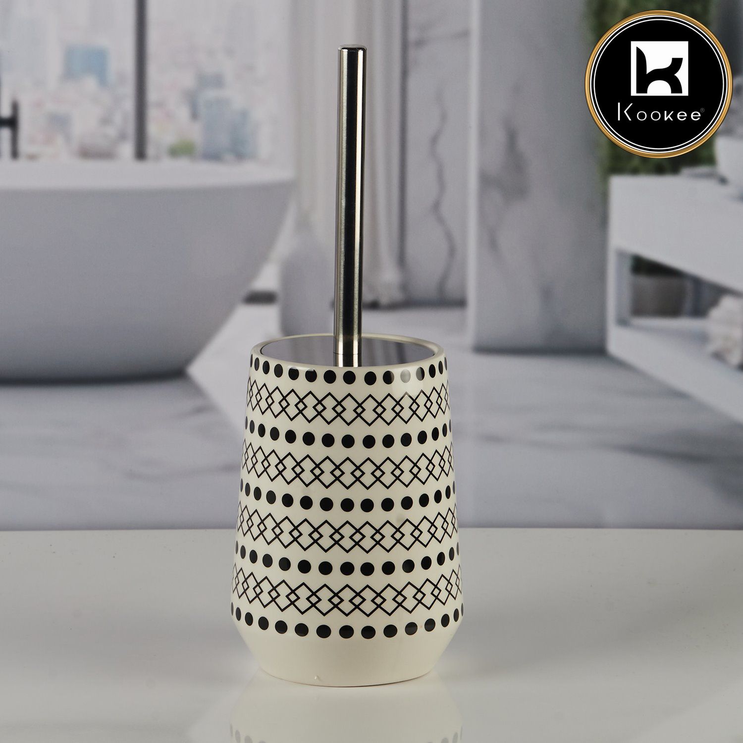 Ceramic Toilet Cleaner Brush with Holder Stand for Bathroom, White (11178)