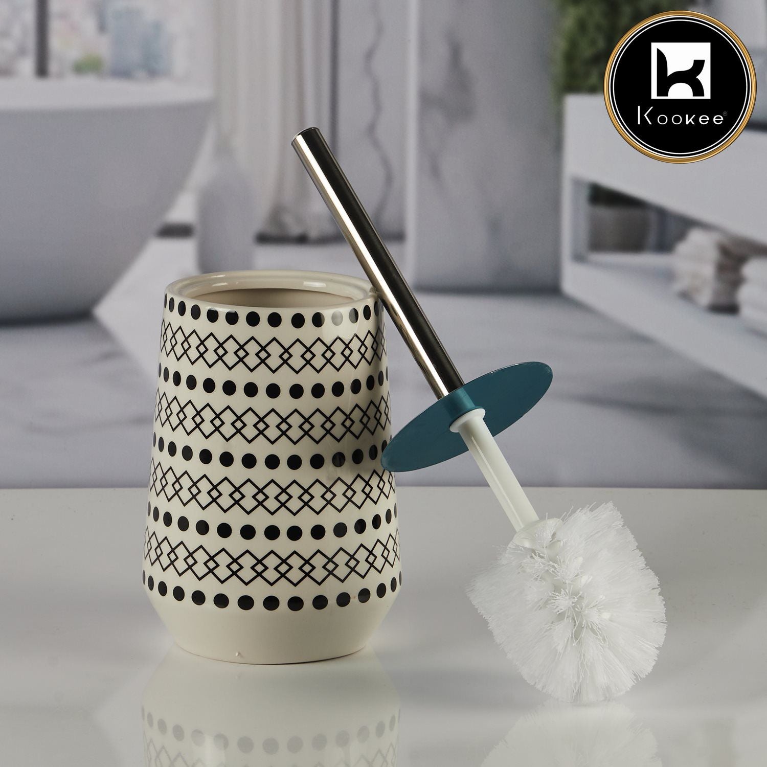 Kookee Ceramic Toilet Cleaner Brush with Holder Stand for Bathroom, Commode, Washroom, Toilet Cleaning Brush, White