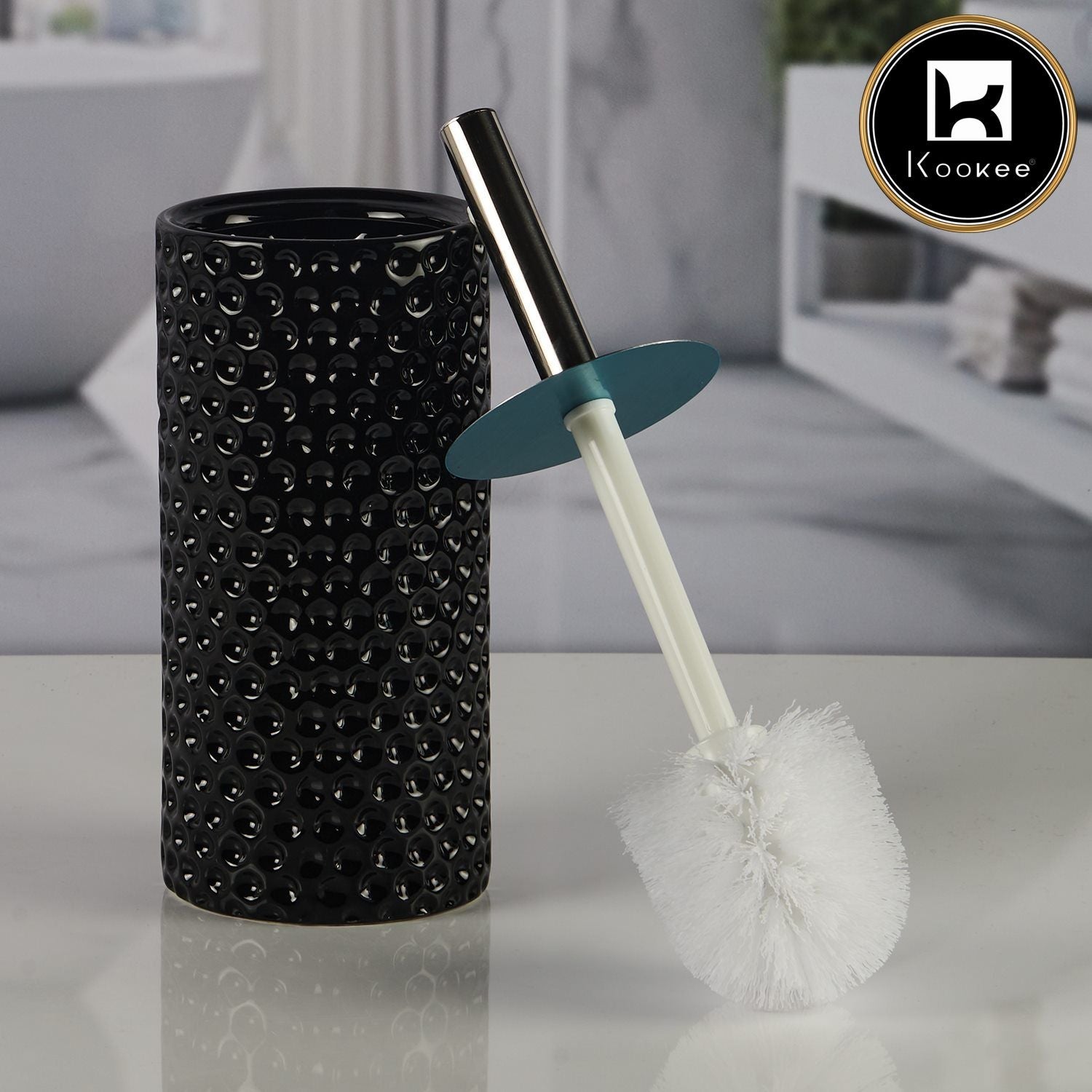 Ceramic Toilet Cleaner Brush with Holder Stand for Bathroom, Black (V-CTB-006-1)