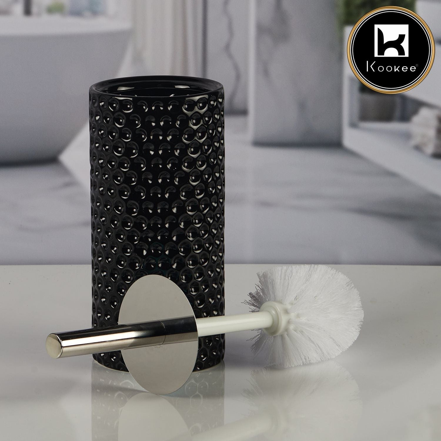 Ceramic Toilet Cleaner Brush with Holder Stand for Bathroom, Black (V-CTB-006-1)