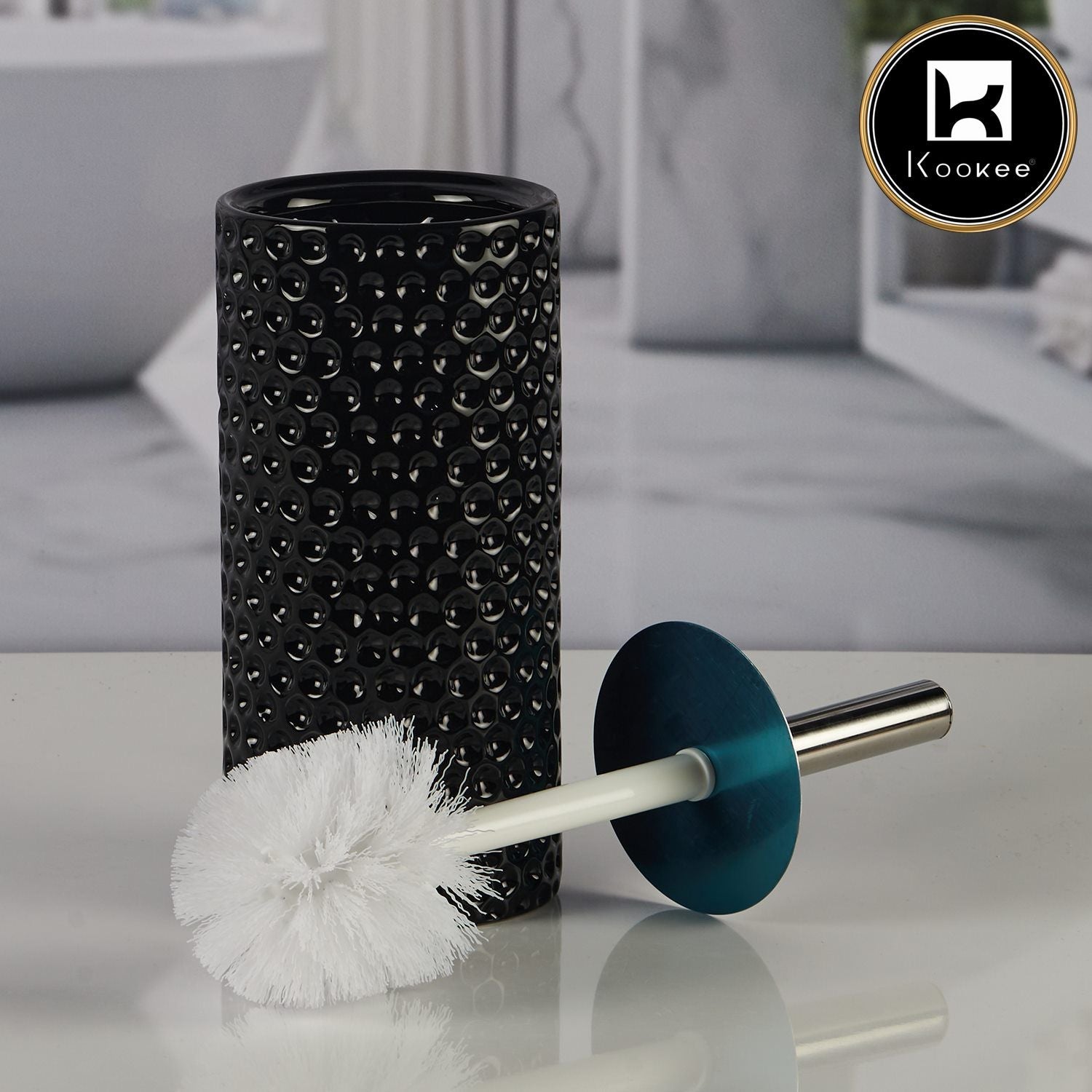 Ceramic Toilet Cleaner Brush with Holder Stand for Bathroom, Black (11179)