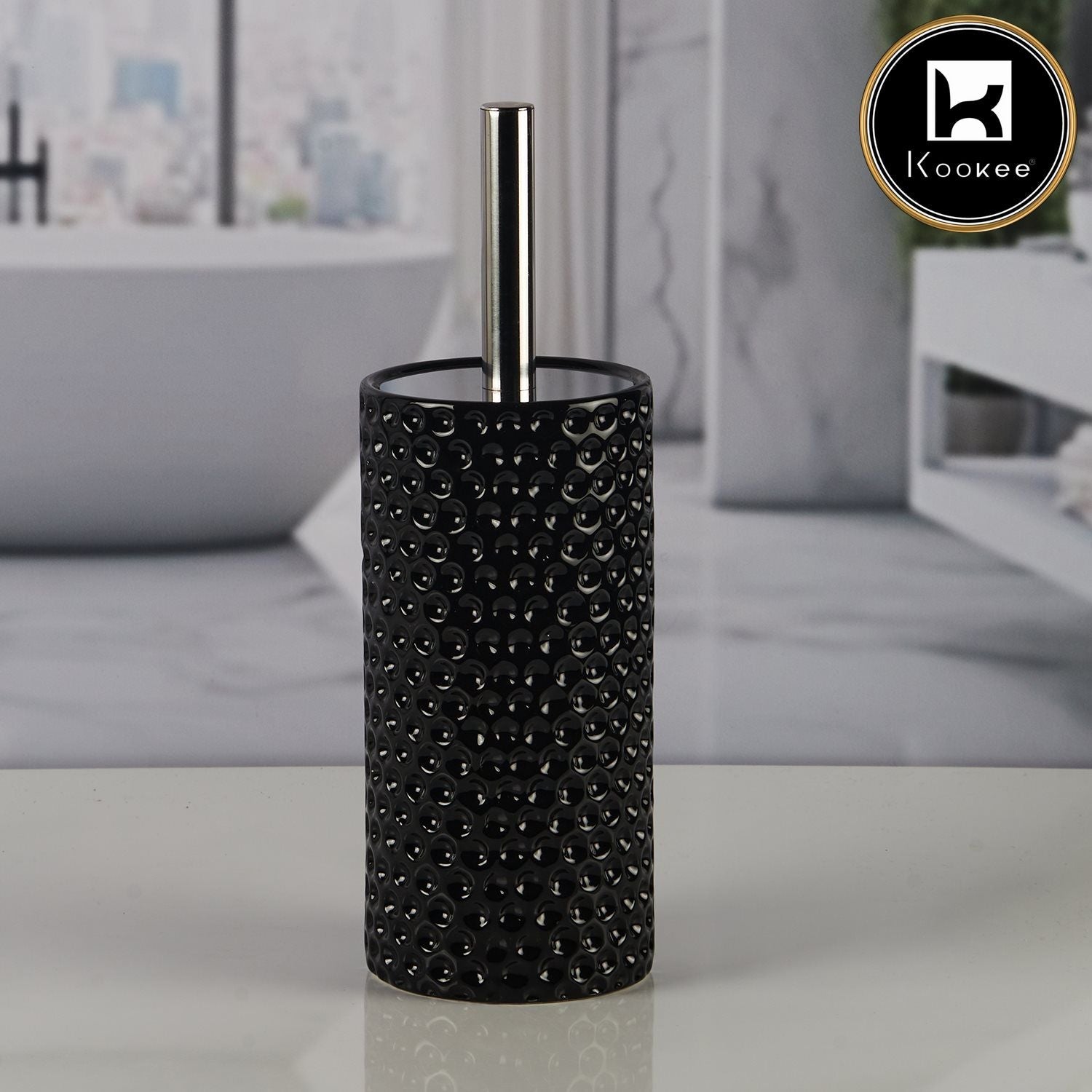 Ceramic Toilet Cleaner Brush with Holder Stand for Bathroom, Black (11179)