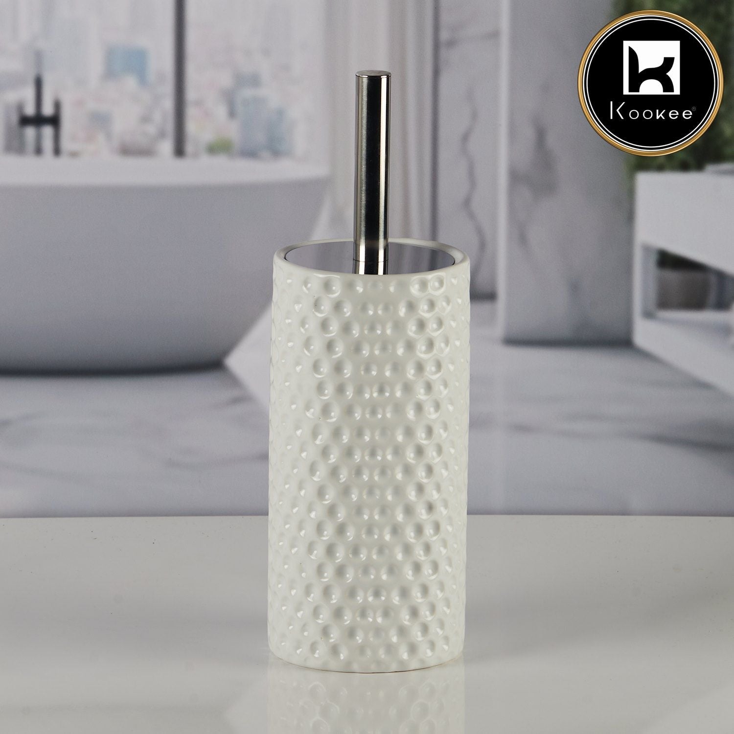 Kookee Ceramic Toilet Cleaner Brush with Holder Stand for Bathroom, Commode, Washroom, Toilet Cleaning Brush, White