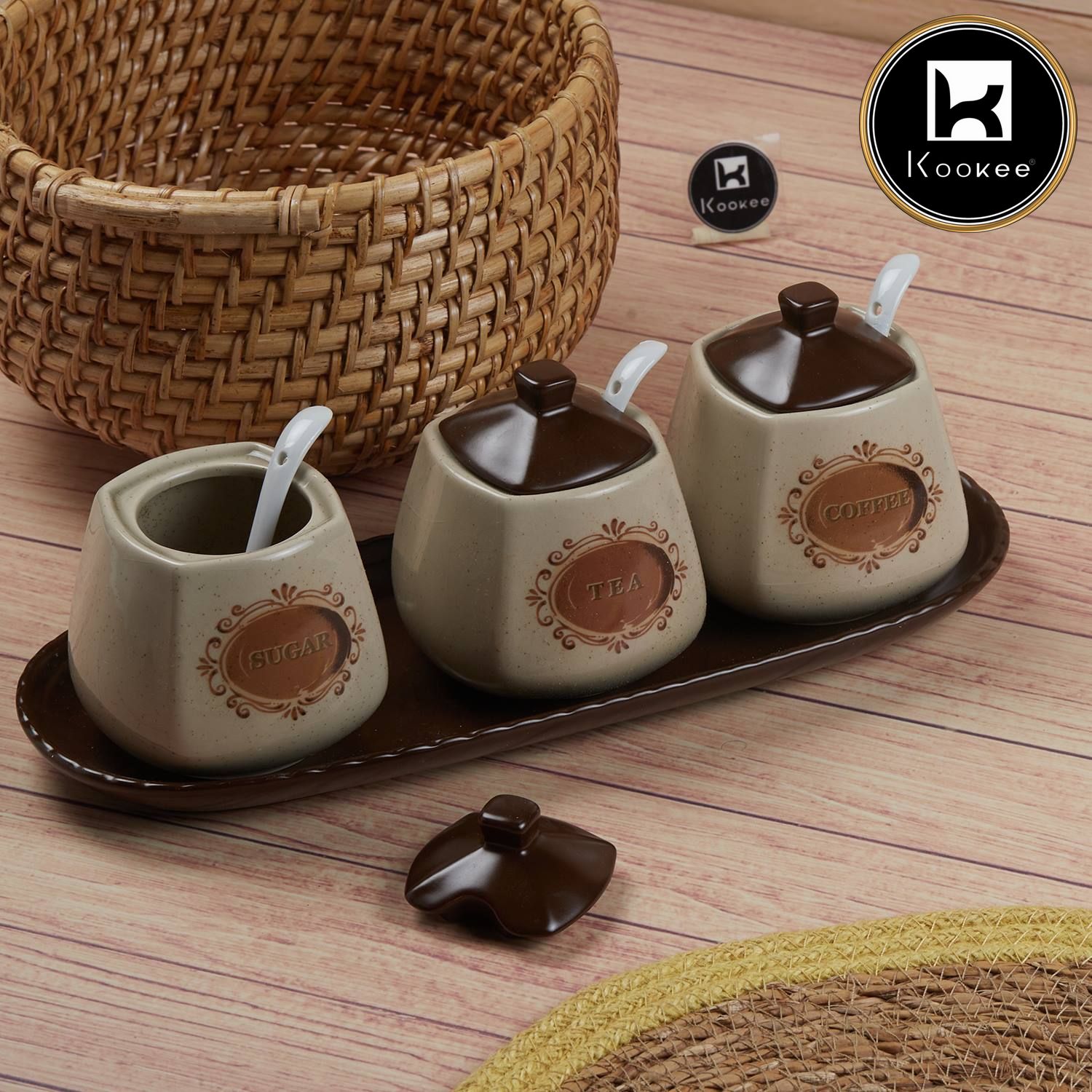 Ceramic Condiment Jars and Containers Set of 3, Brown (11181)