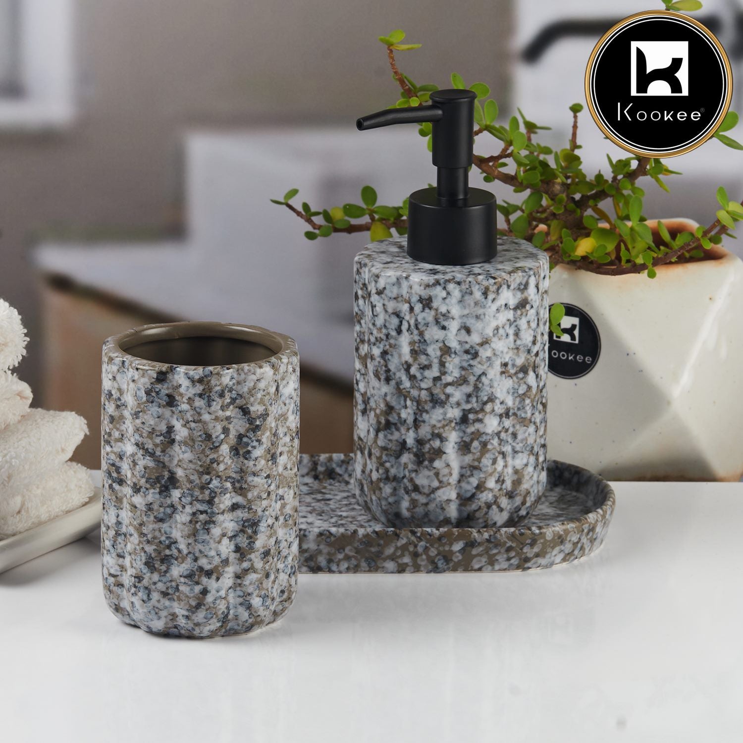 Ceramic Bathroom Accessories Set of 3 with Soap Dispenser (11184)