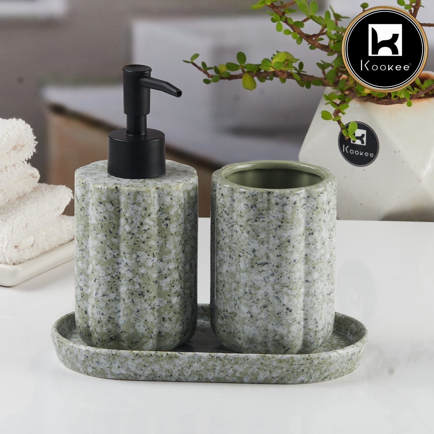 Ceramic Bathroom Accessories Set of 3 with Soap Dispenser (11185)