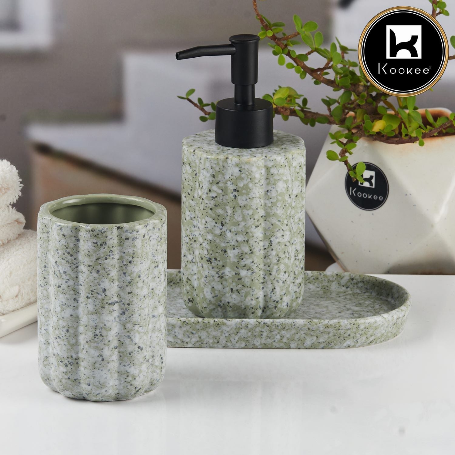 Ceramic Bathroom Accessories Set of 3 with Soap Dispenser (11185)