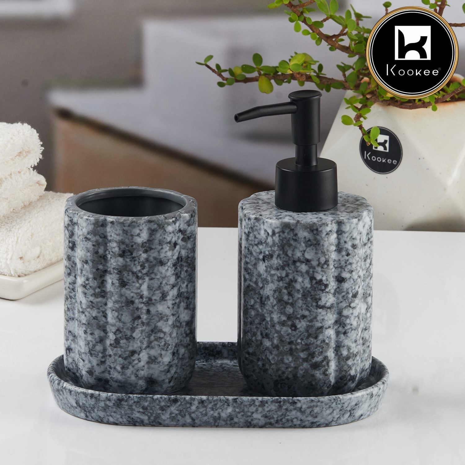 Ceramic Bathroom Accessories Set of 3 with Soap Dispenser (11186)