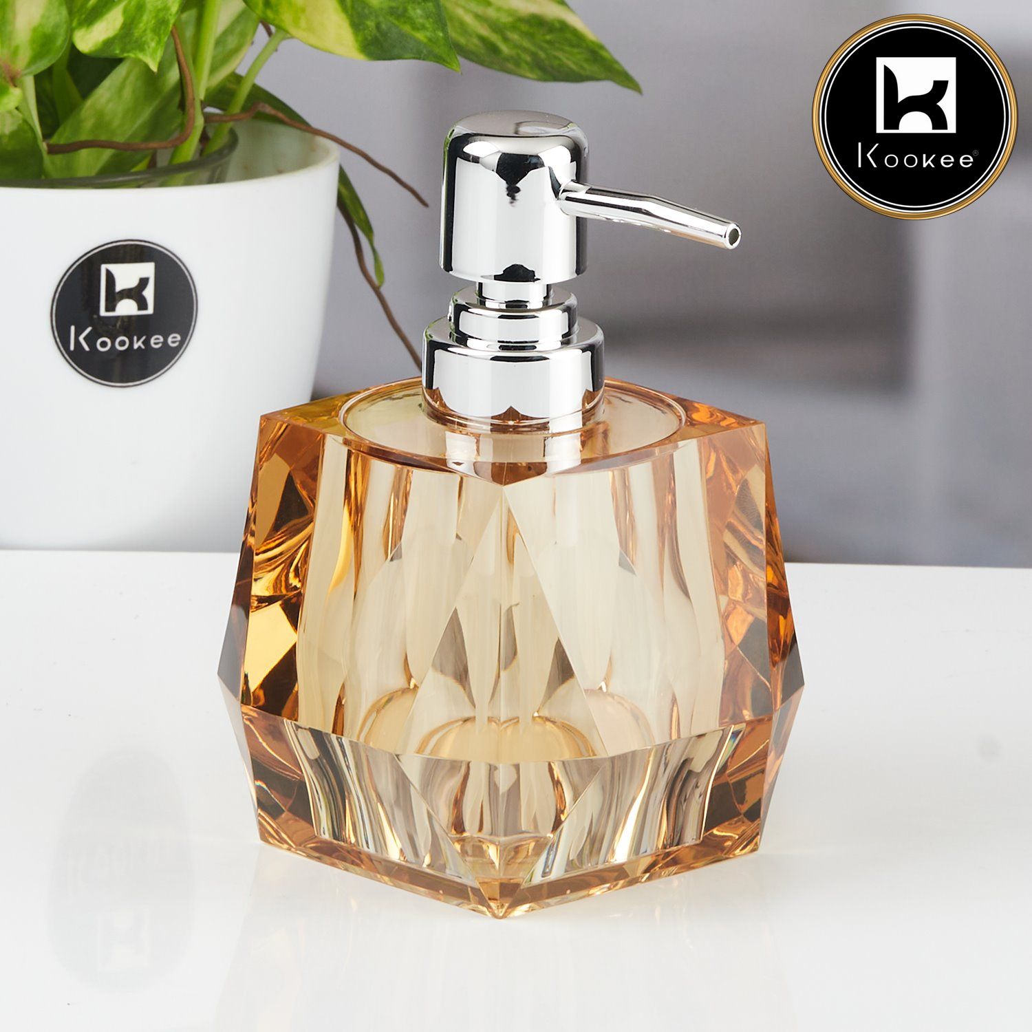 Kookee Acrylic Soap Dispenser for Bathroom handwash, refillable pump bottle for Kitchen hand wash basin, Set of 1, Transparent Brown